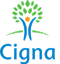 Cigna logo featuring a stylized green tree above a blue figure with raised arms and an orange head.