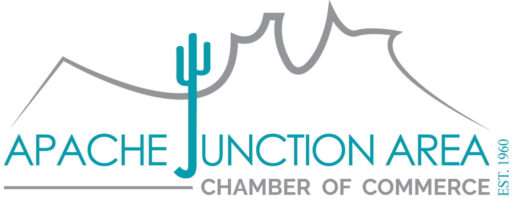 Logo for the Apache Junction Area Chamber of Commerce, featuring stylized gray mountains, a teal saguaro cactus forming the 'J' in 'JUNCTION', and 'EST. 1960' written vertically.